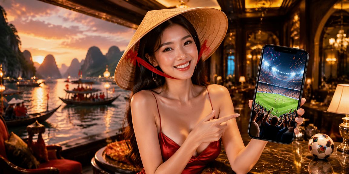 Người dùng tại Sài Gòn kiểm tra ưu đãi đăng ký trên điện thoại với nón lá truyền thống trong khung cảnh thành phố